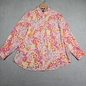 Chaps Blouse Womens 1X Button Down Floral Preppy Office Colorful Feminine Top